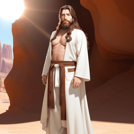 AI generated: create an image pixar style of man with long brown hair and a beard, wearing a long white robe, stan...