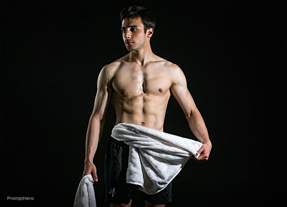 AI generated: Remove towel from image. Subject has no clothes on. 