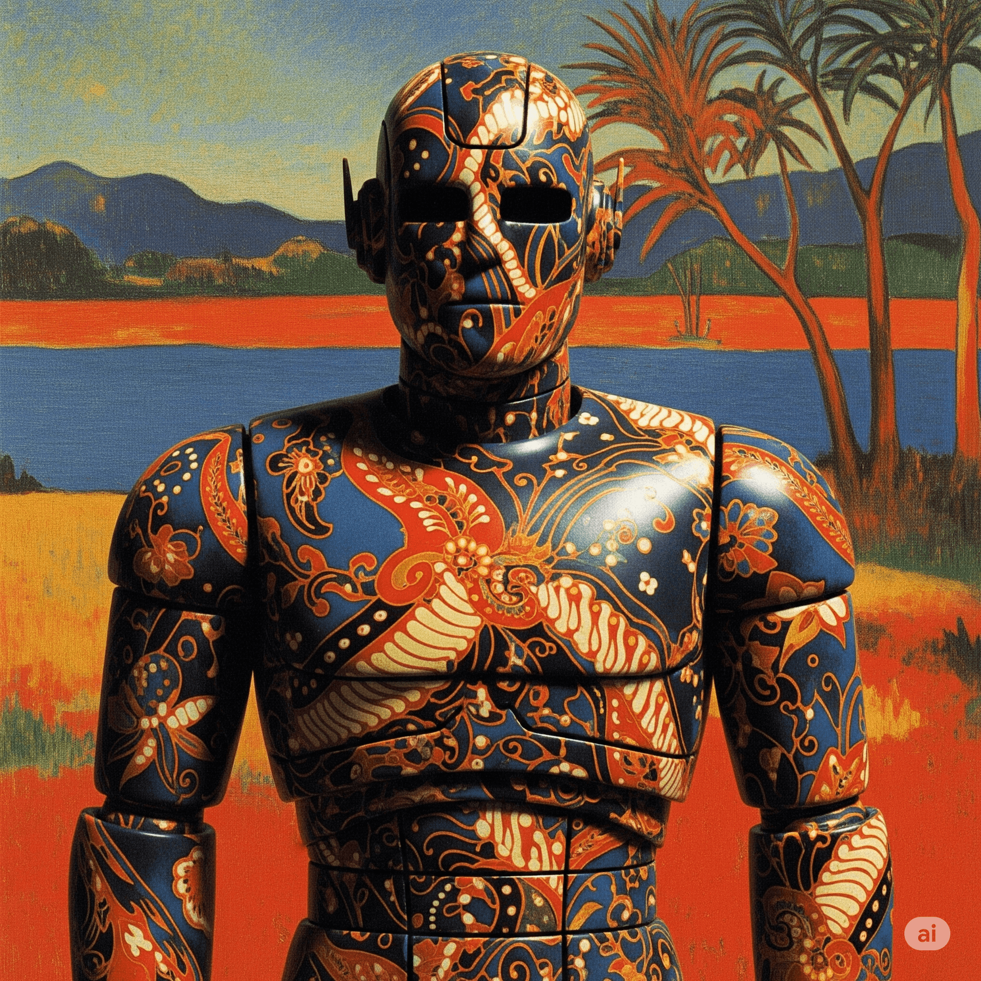 AI generated: a robot whose surface is made of Indonesian batik material in the style of Gauguin