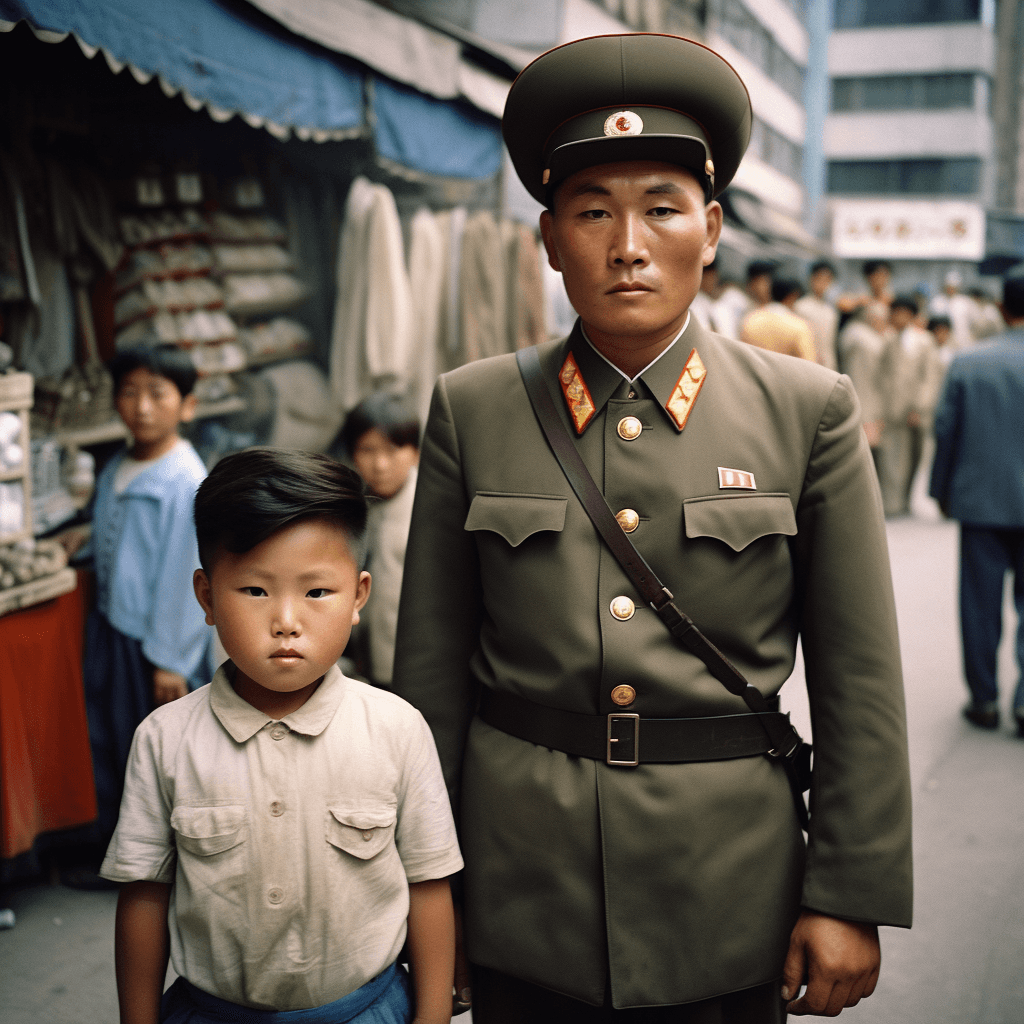 AI generated: A 5 year old Kim Jong-un with a northkorean scout uniform and a dirty face from playing with friends...