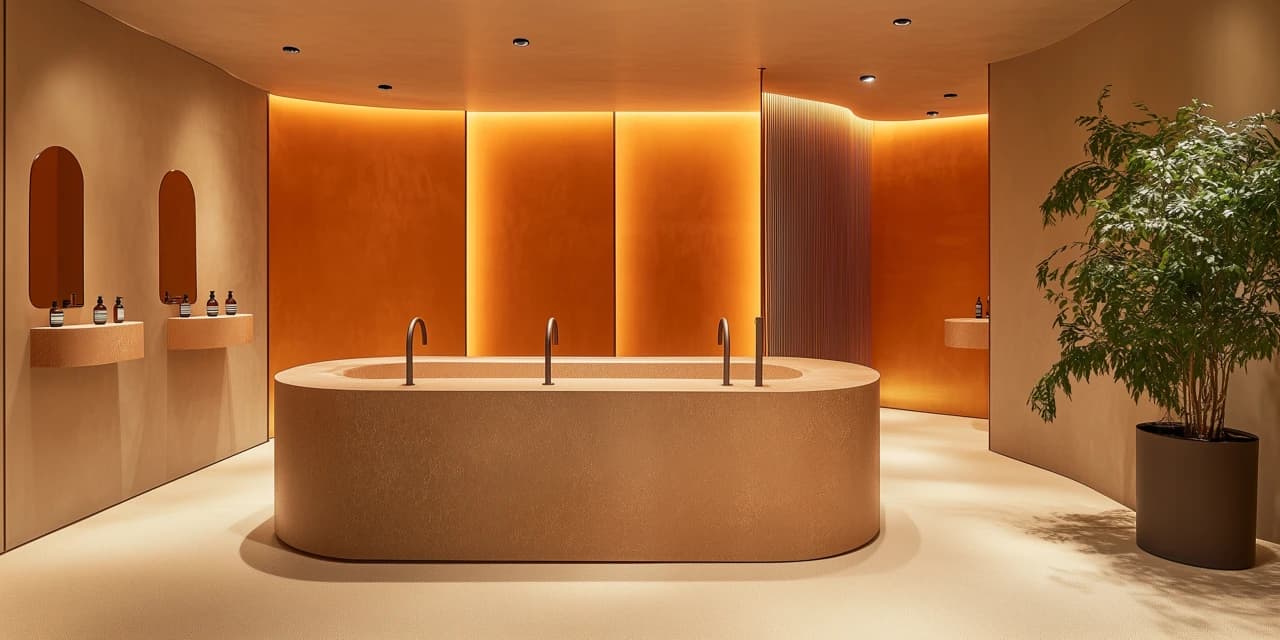 AI generated: Photo, Aesop-branded store design, minimal interior space with warm, low-illumination indirect light...