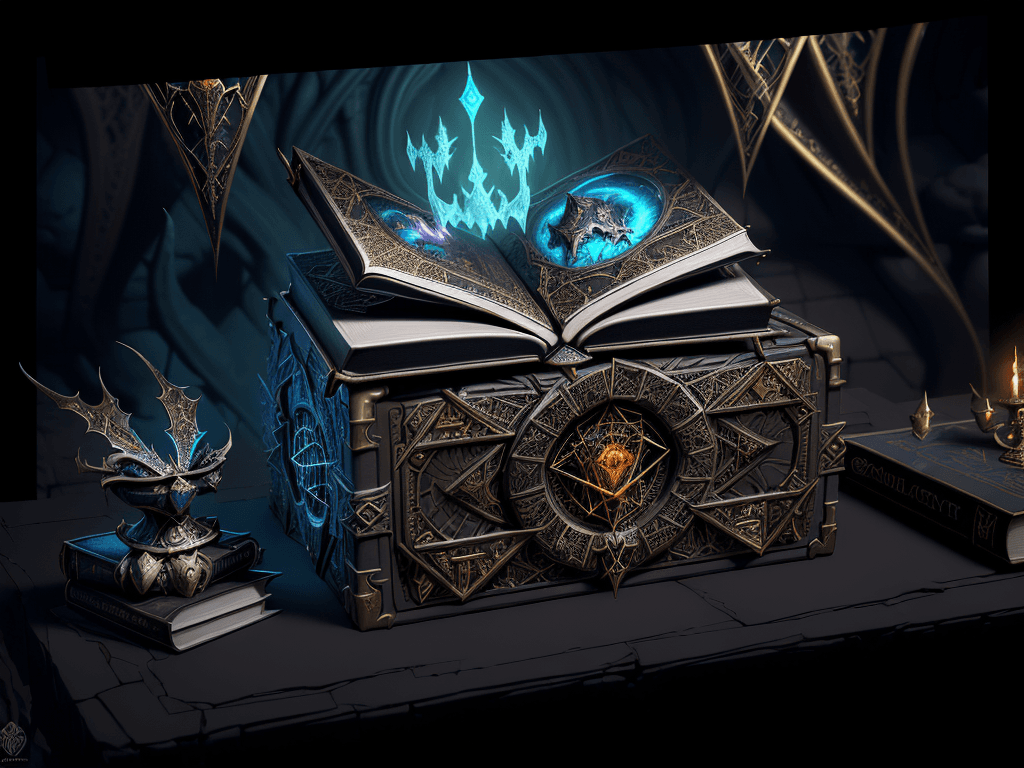 AI generated: mdjrny-v4 style, magic spell book sitting on a table in the catacombs, hypermaximalist, insanely det...