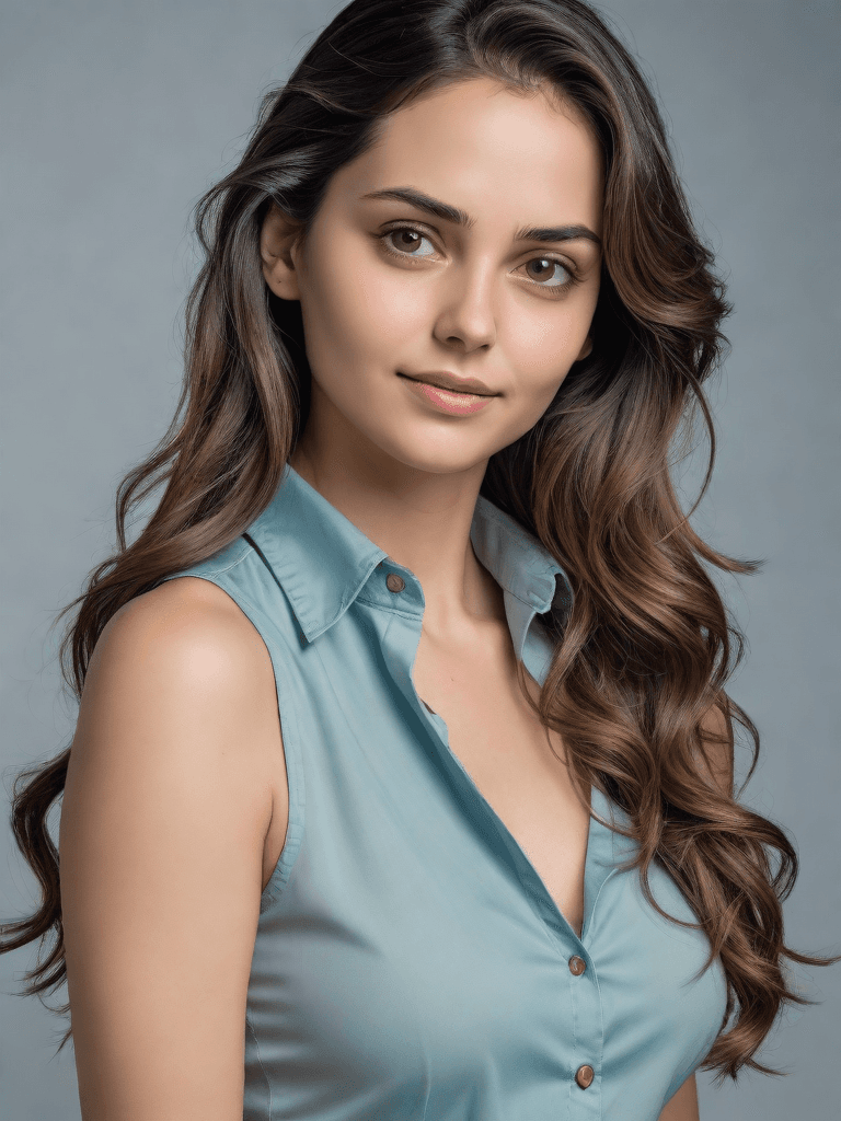 AI generated: An full image of a woman with an alluring gaze and a soft smile, bare shoulder, her dark wavy hair g...