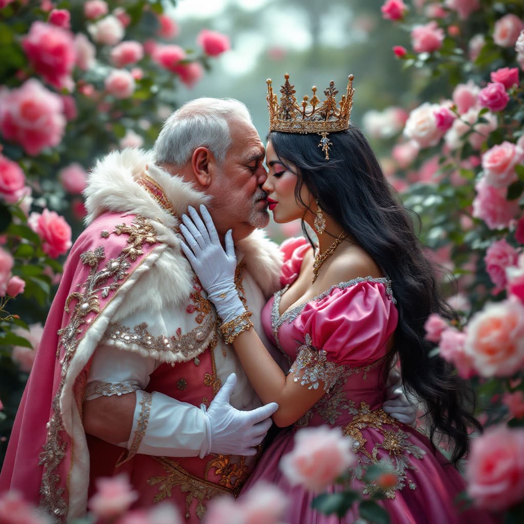 AI generated: full body shot, a beautiful disgusted asian Cinderella being kissed by a fat ugly old pompous Englis...