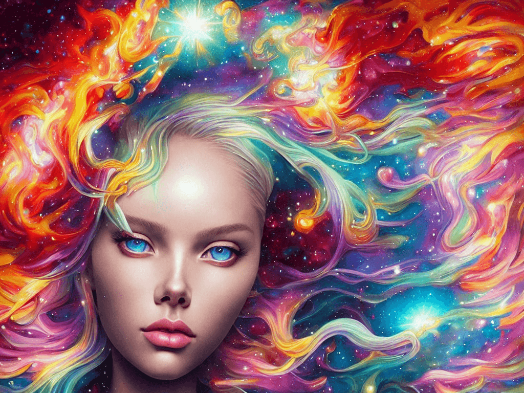 AI generated: ultra realistic photo portrait of Scarlett Leithold cosmic energy, colorful, painting burst, beautif...