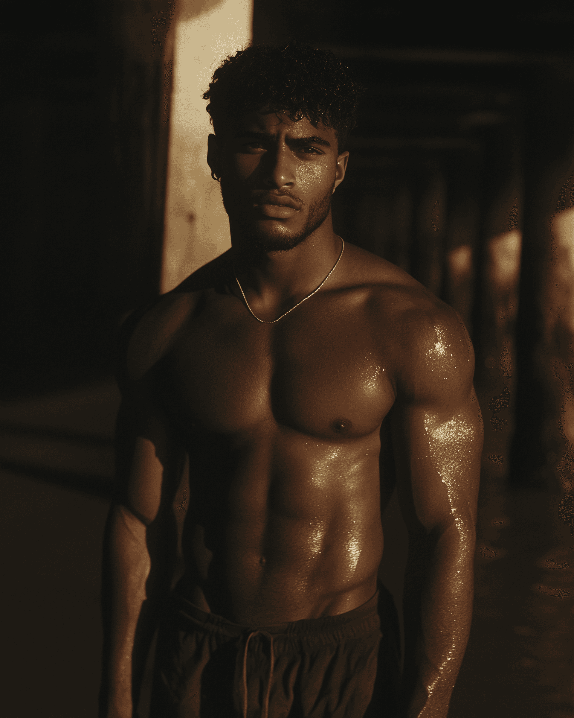 AI generated: full body shot of a light-skinned, middle-eastern male wrestler with short black hair, abs fit, stan...