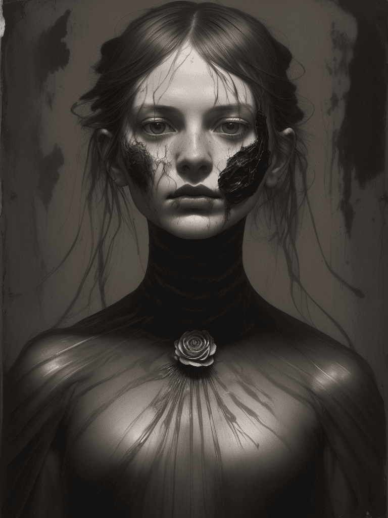 AI generated: a woman with roses on her nose, in the style of made of liquid metal, layered fabrications, nicola s...