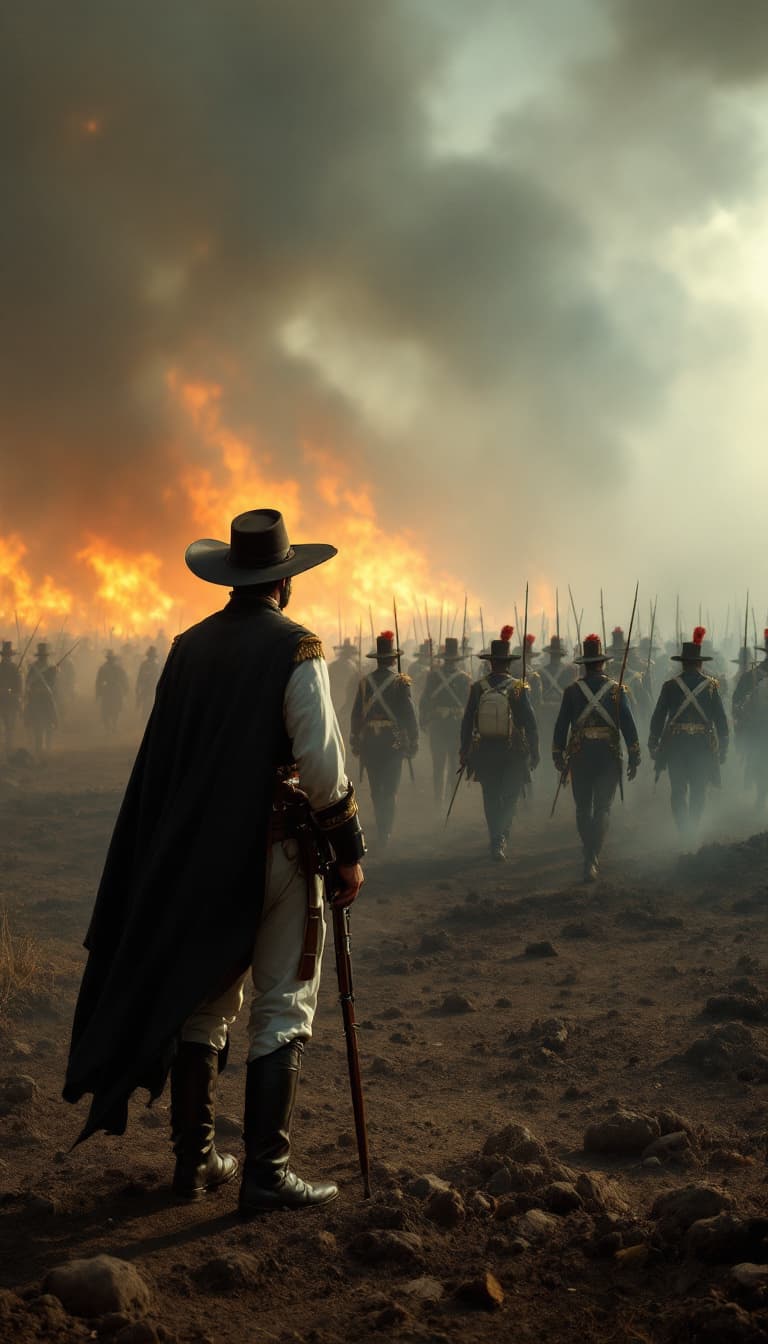 AI generated: Soldier Mateo watching from a distance as Morillo’s royalist army marches into a burning wasteland, ...