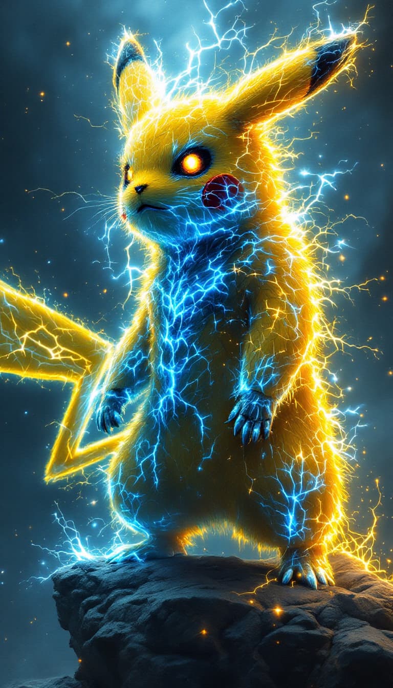 AI generated: Create an awe-inspiring masterpiece depicting a war-torn, godlike Pikachu transcending dimensional b...