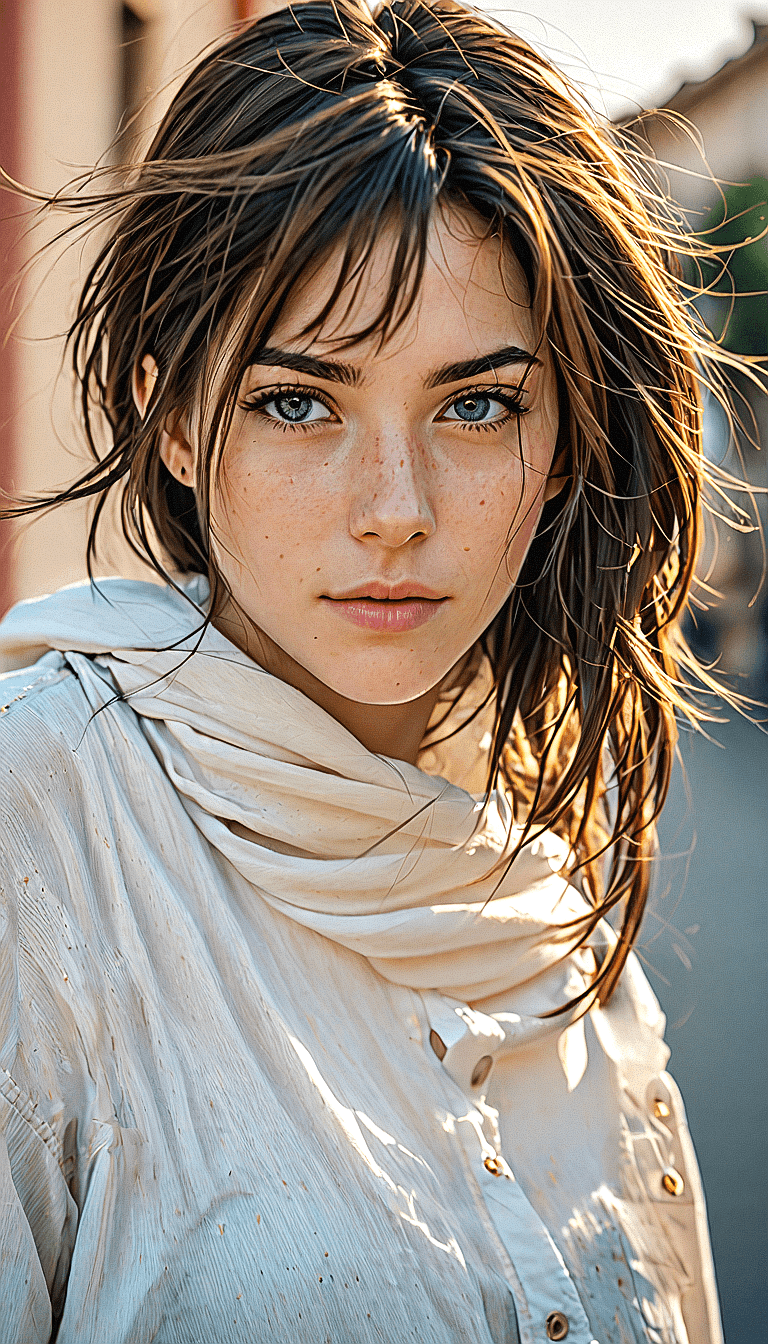 AI generated: The image features a woman with long, curly hair, wearing a white shirt and a scarf. She is looking ...