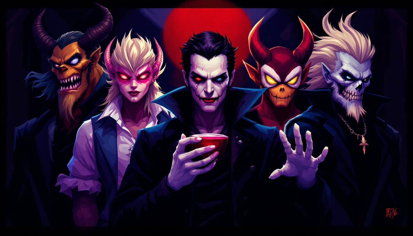 AI generated: 16bit logo,team of five,human like creatures,vampire,


