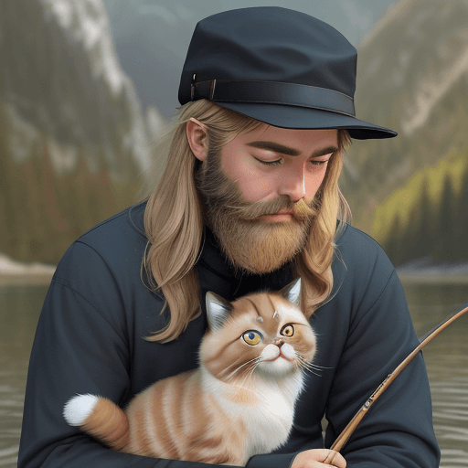 AI generated: /imagine prompt: Picture young man with cat, dark blonde hair, dark beard, brown eyes, hat for fishi...