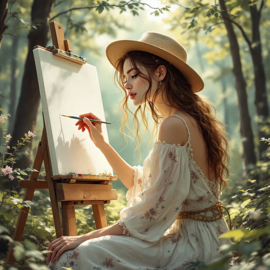 AI generated: a Boho Chic lovely girl is painting at forest, pale white skin, light brown hair, dynamic angles, fa...