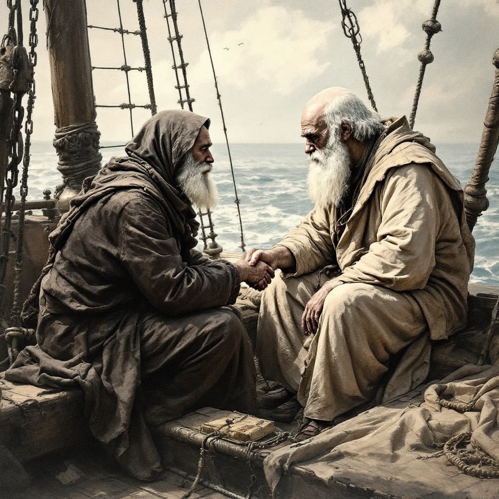 AI generated: Jezus and Charles Darwin shaking hands on the Beagle.