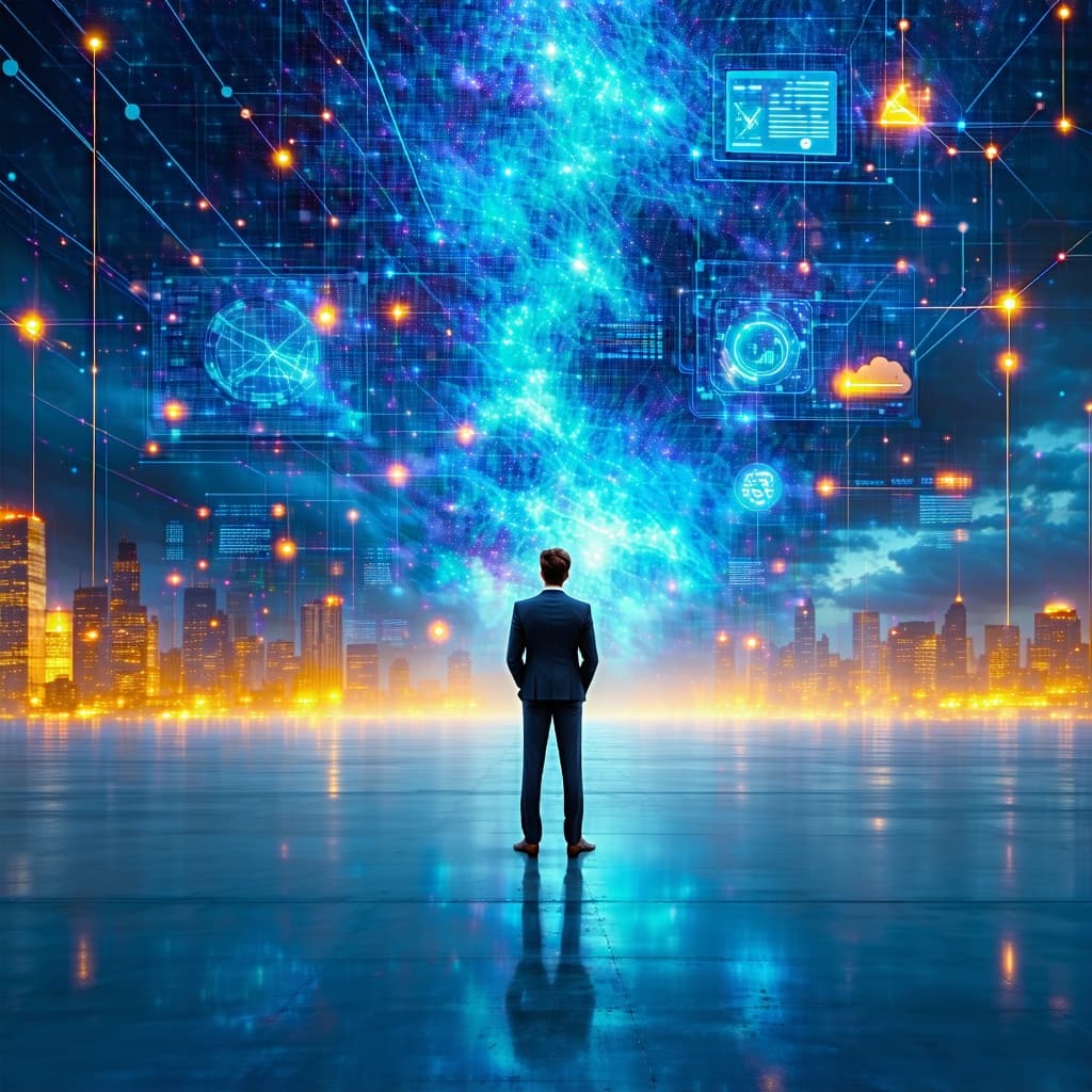 AI generated: The image depicts a solitary businessman standing in a vast, open, light-colored space, with his bac...