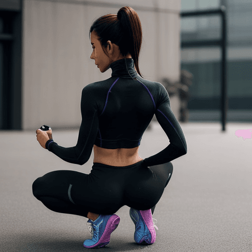 AI generated: Woman wearing turtleneck fitness jacket tying her shoe with her buttcrack showing on her back