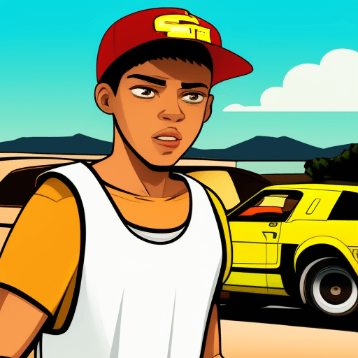 AI generated: a boy as a GTA San Andreas cartoon, imagined as a cartoon drawing from Grand Theft Auto, with jersey...