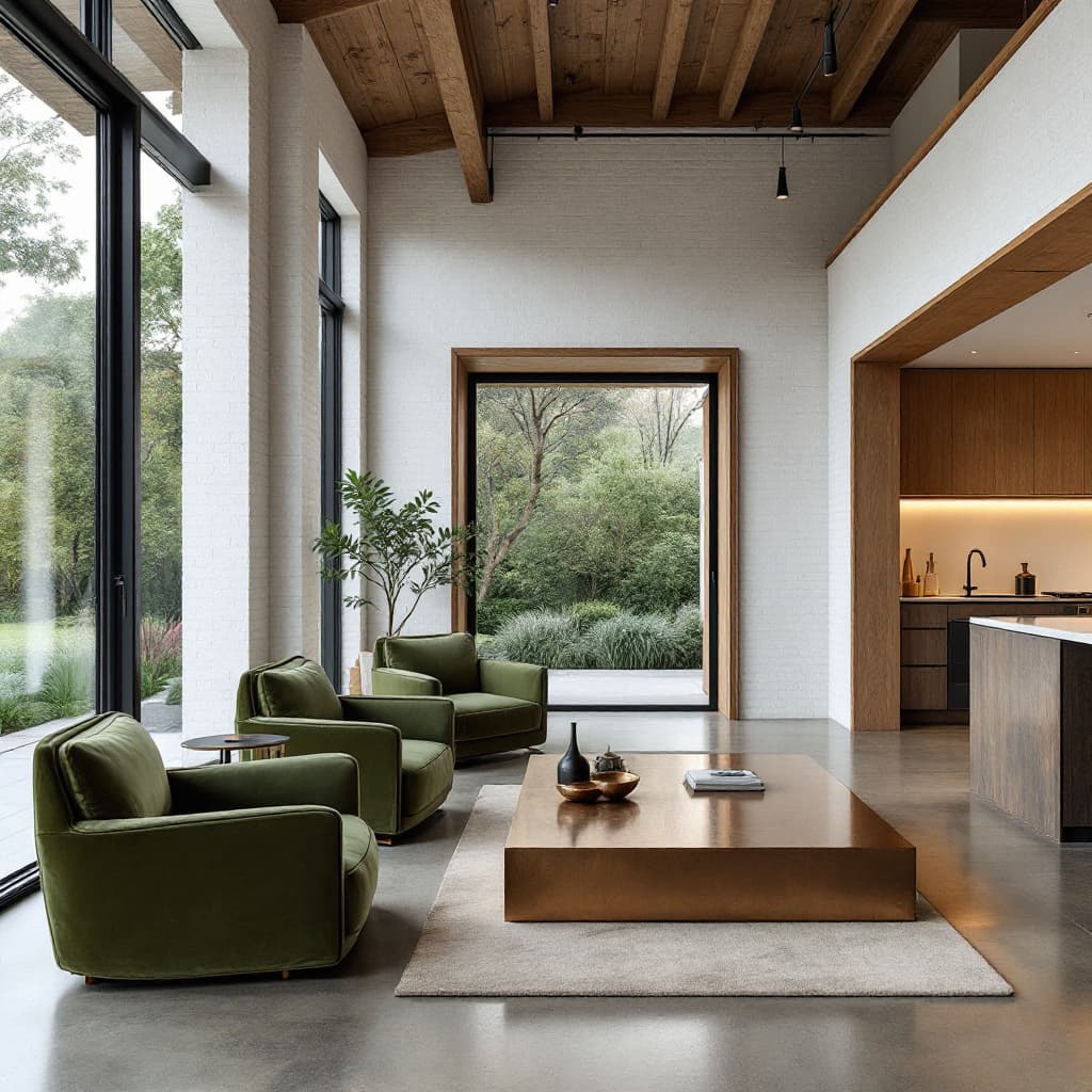 AI generated: kitchen area framed by large floor-to-ceiling windows showcasing tranquil garden views, the interior...