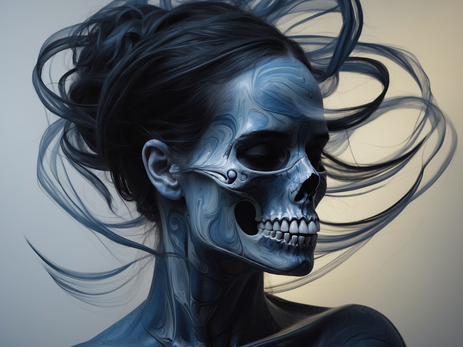AI generated: the skull is distorted by the twists and turns of a woman with dark hair, in the style of neon impre...
