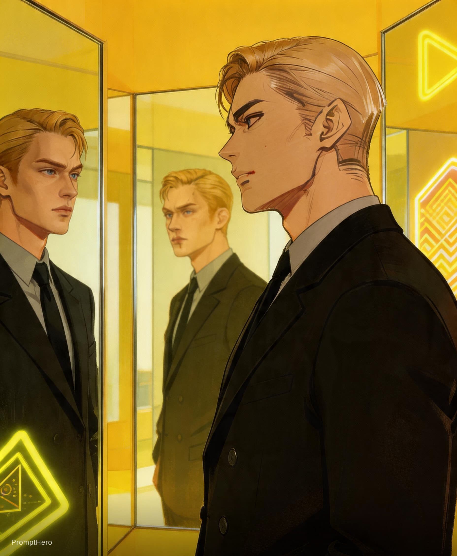 AI generated: a handsome boy with delicate features, stands with mirrors all around him, Staring at oneself in the...