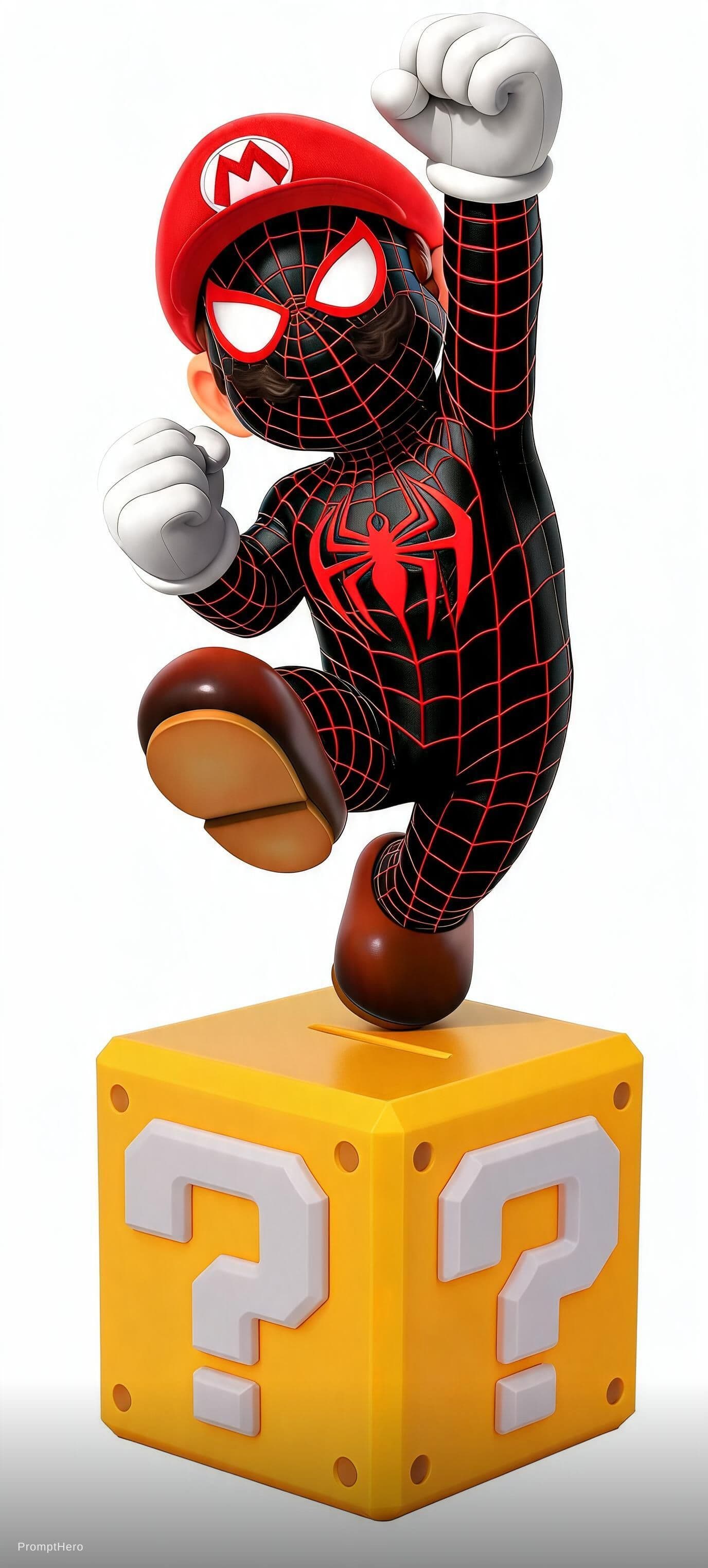 AI generated: take the spider person in the first picture and add him ontop of the cube from the second picture. c...