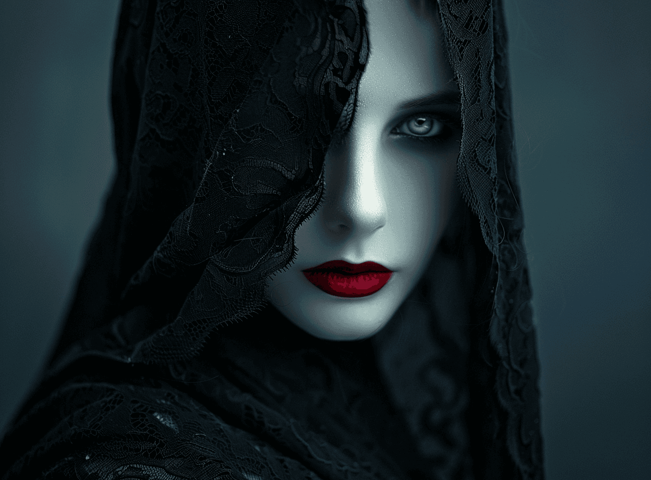 AI generated: A mysterious woman with porcelain skin, red lipstick and white eyes wearing an all-black hooded cloa...