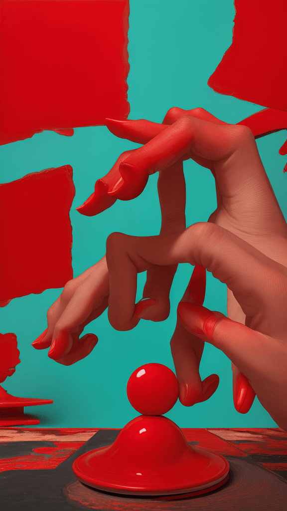 AI generated:  two hands bending down to reach a red object, in the style of vibrant compositions, snailcore, phot...