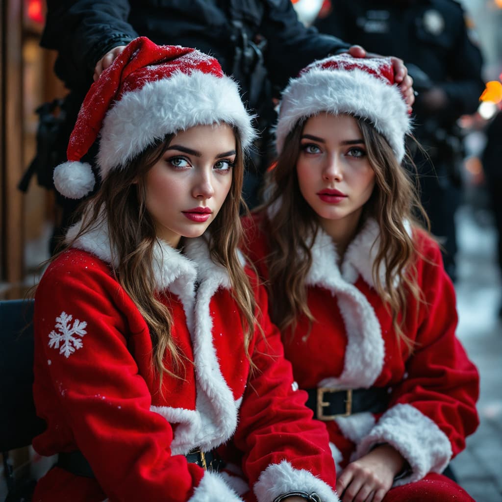 AI generated: Two female male Santa Claus criminals strong  wearing  Santa Claus suit  in light red color in day t...