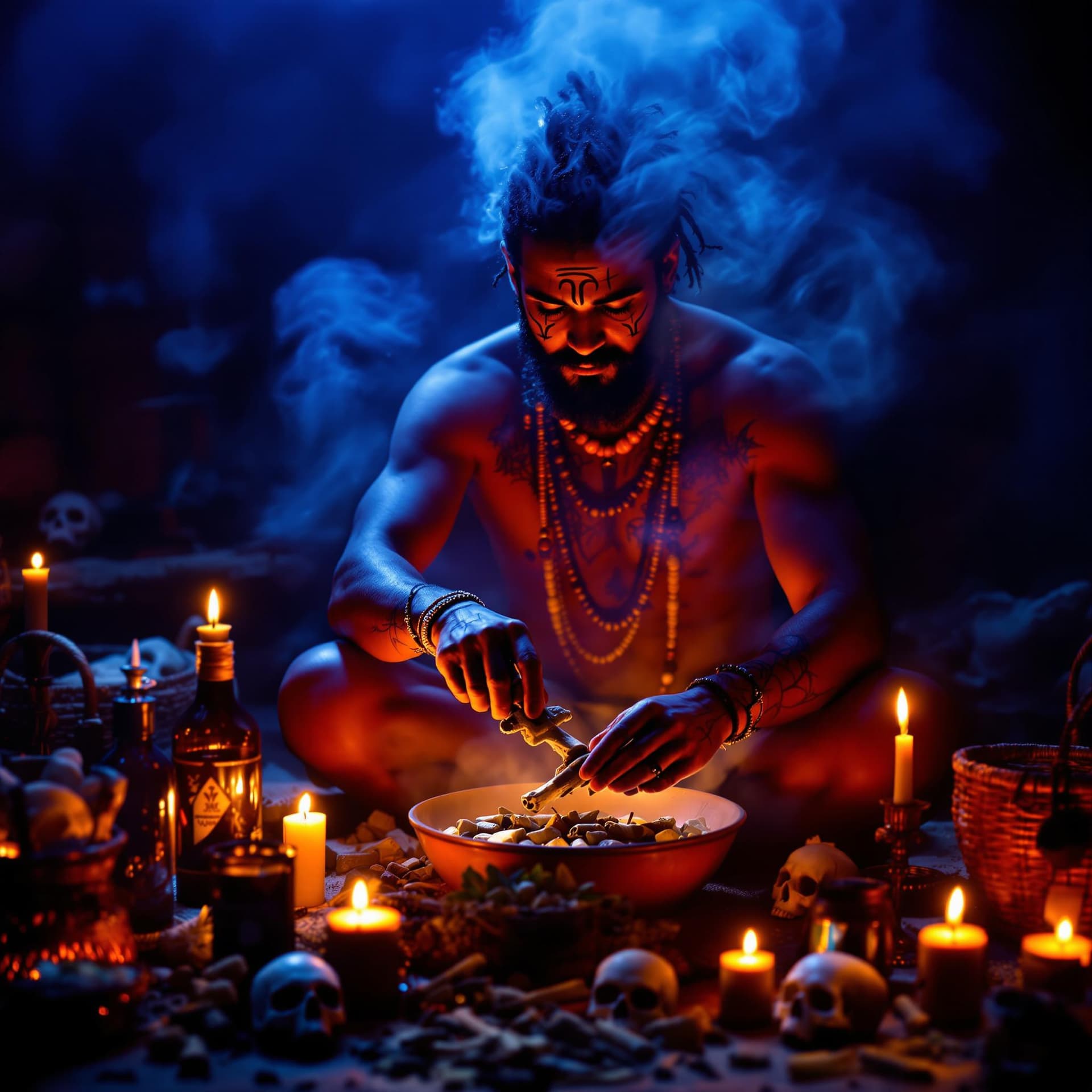 AI generated: The image portrays a man engaged in a ceremonial or ritualistic activity, surrounded by an array of ...