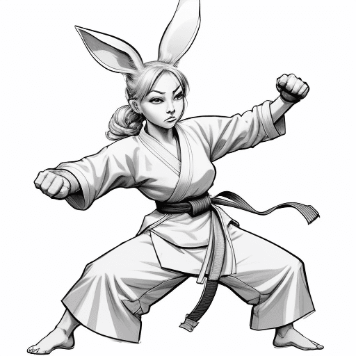 AI generated: sketch, no color, cartoon, line art, 2D, rabbit woman, monk, martial arts punch