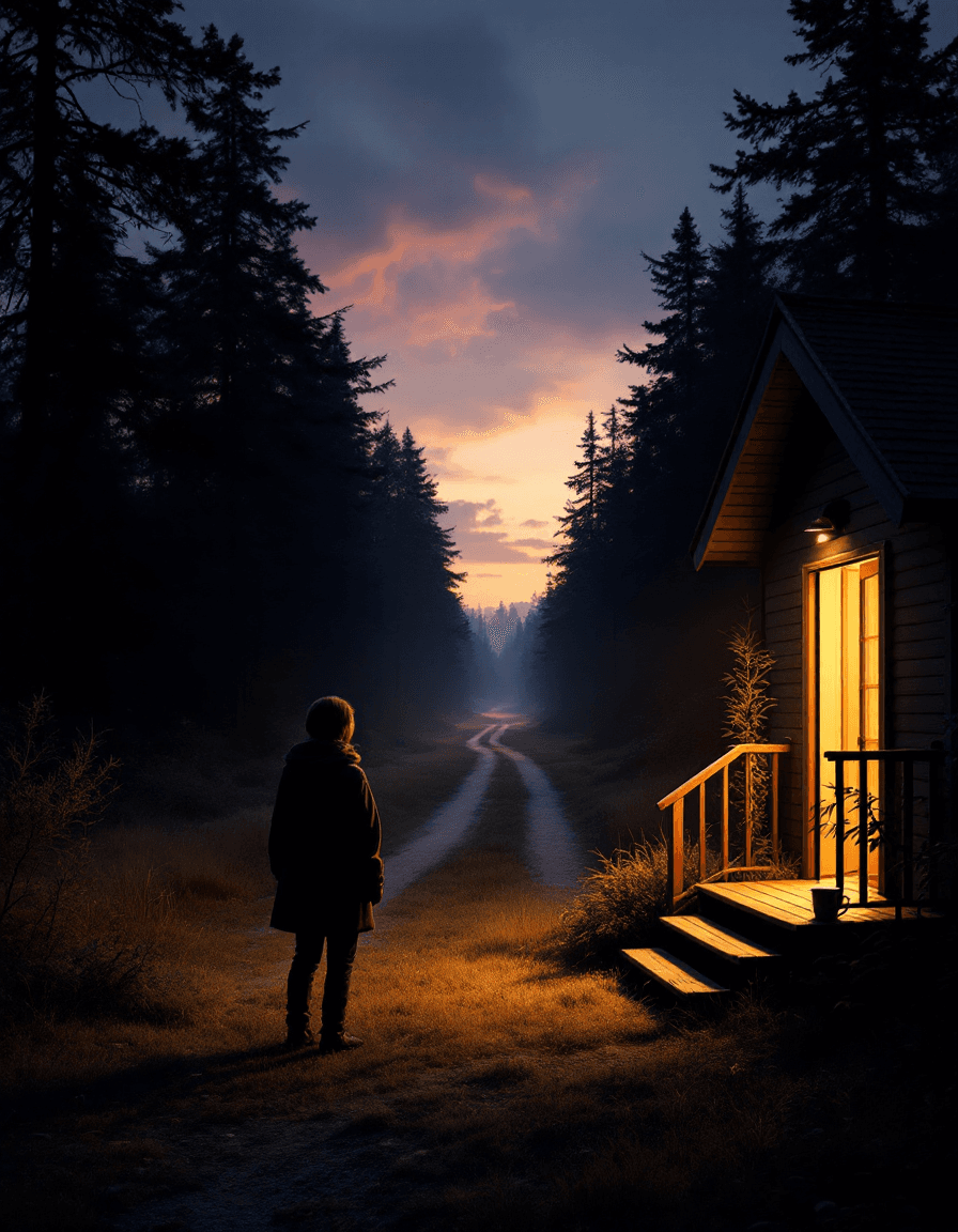 AI generated: A cinematic or softly surreal image depicting a solitary figure standing just outside a small, warml...