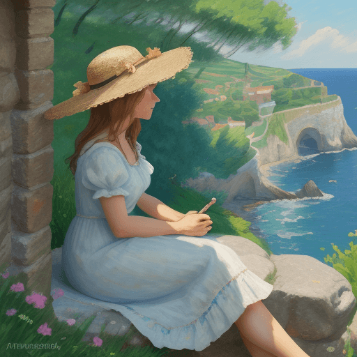 AI generated:  Impressionist painting of a woman in a summer dress and straw hat sitting on the stone wall of an o...