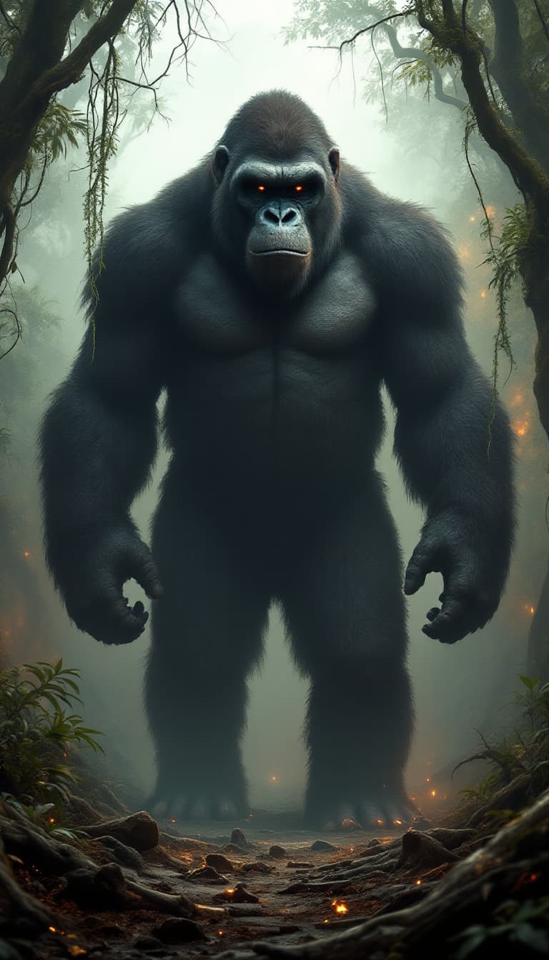 AI generated: A towering Gigantopithecus stands in the middle of a dense, misty prehistoric jungle. The creature i...