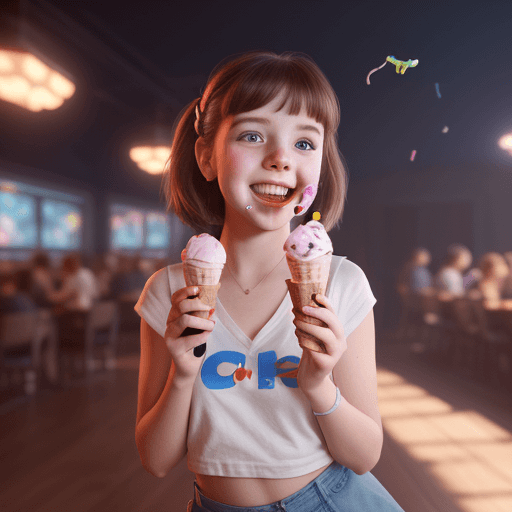 AI generated: cute, adorable, smiling girl eating ice cream, candies flying all around her, Pixar, disney, cinema ...