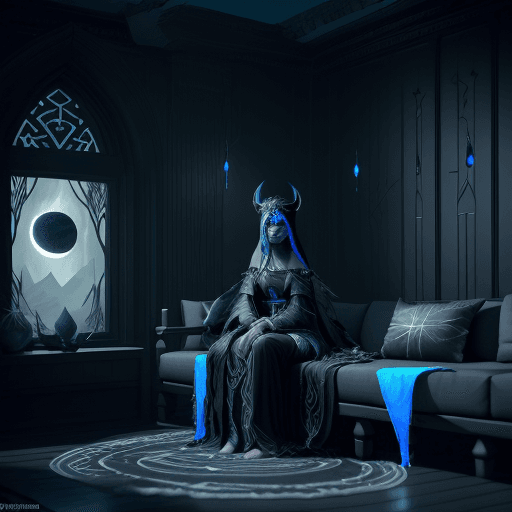 AI generated: High resolution photography interior design, dreamy sunkpale woman, wearing obsidian black frabric r...