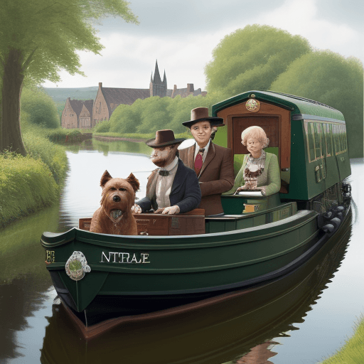 AI generated: A cover that has a green narrowboat called Never Two Late with a lady and a man and their brown terr...