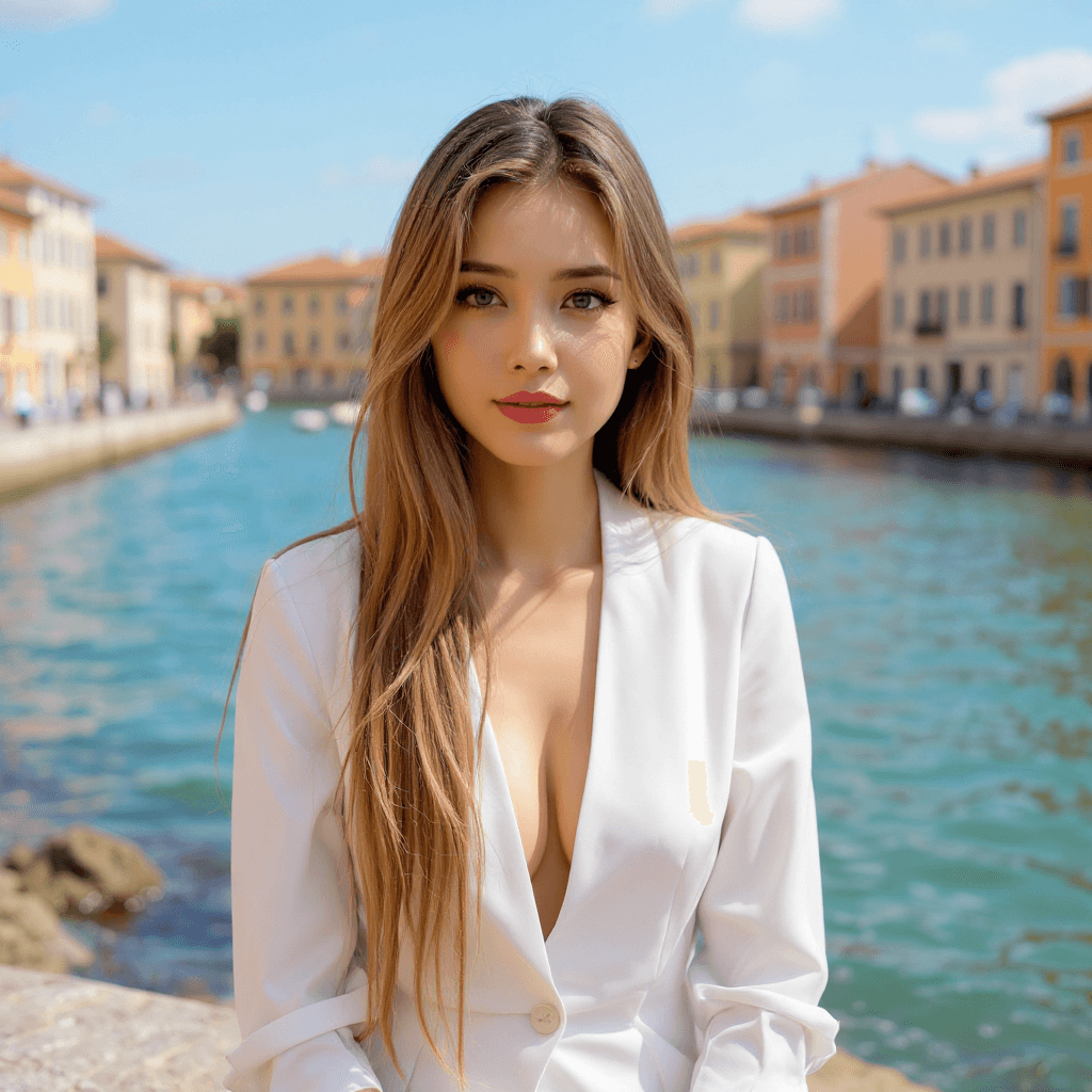 AI generated: generate a viral image of a woman sea front of fontain in italy with by using the image as an attach...
