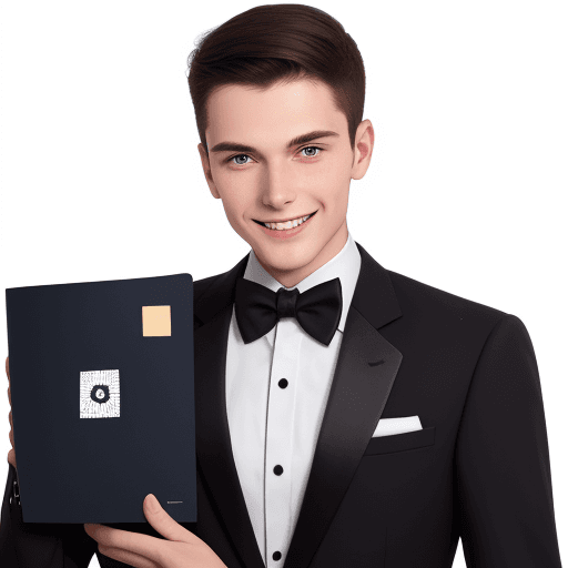 AI generated: 3/4 passport photo, young guy, in a tuxedo, smiling, white background, looking straight, small cheek...