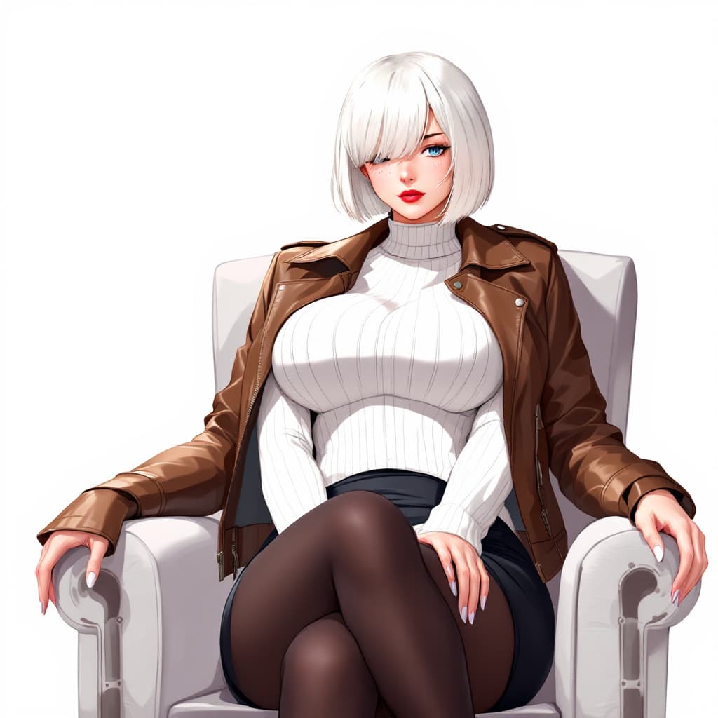 AI generated: anime, woman, white hair, bob cut, blue eyes, freckles, red lips, closed lips, white sweater, tight ...