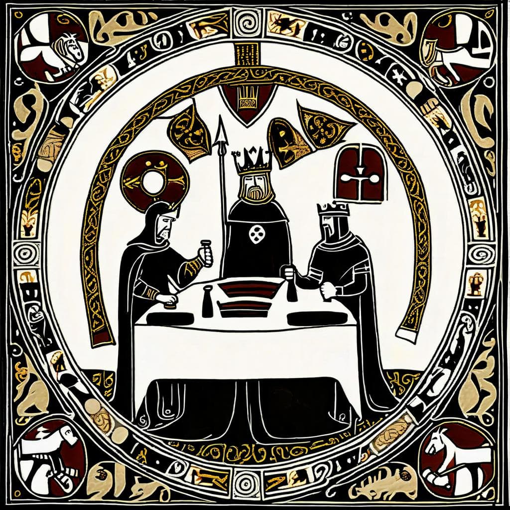 AI generated: King Arthur and the knights at the round table, style of the Bayeux tapestry, 11th century , embroid...