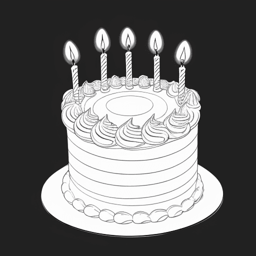 AI generated: a cake with seven candles on the top drawed light coloring page, page of coloring book, simple clean...