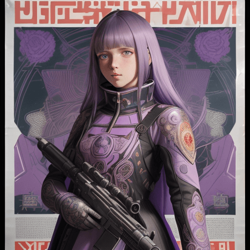 AI generated: young girl in a damaged futuristic suit (violet wizard tunic), style Soviet poster, USSR poster, gun...