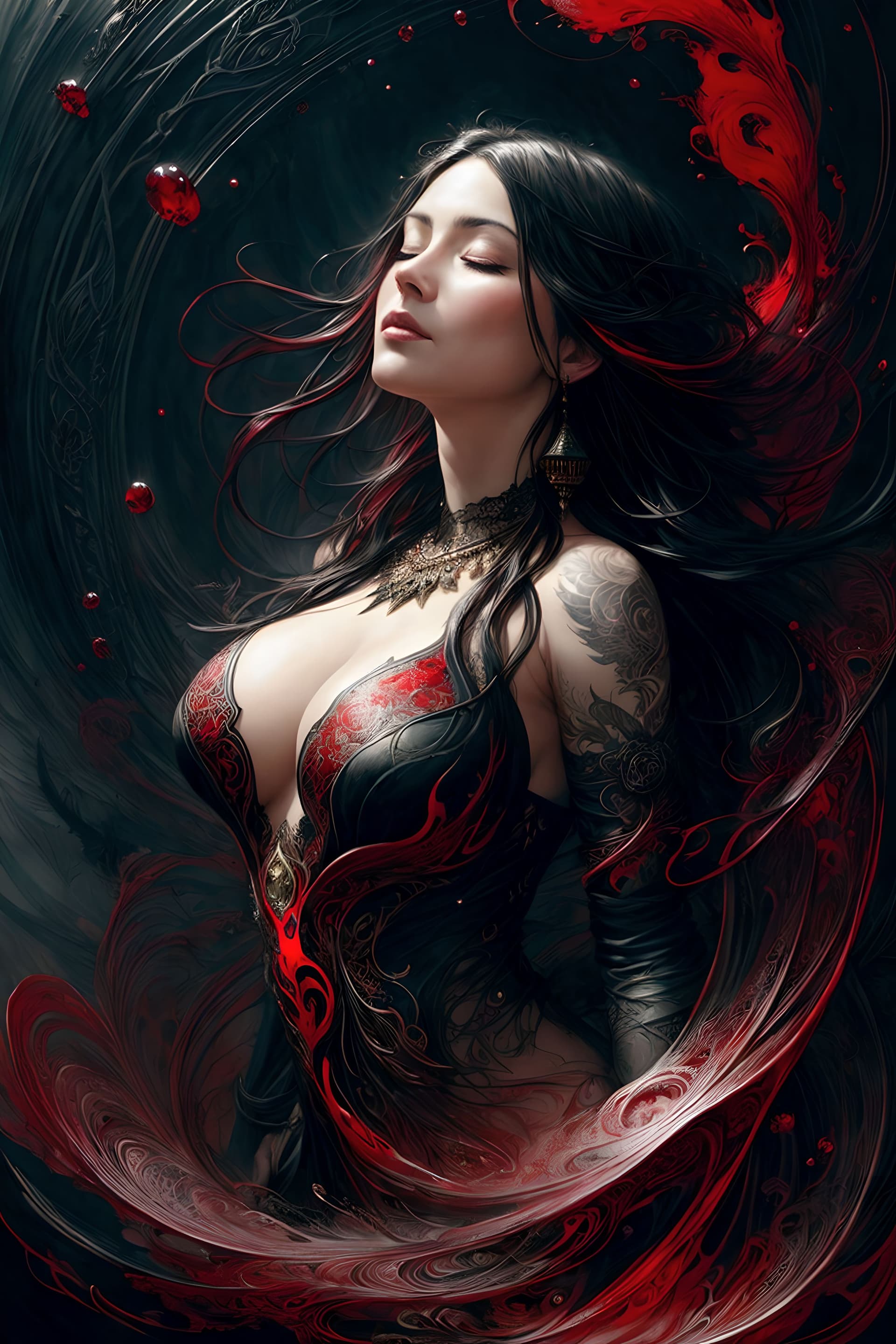 AI generated: beautiful woman, eyes closed, Black and red ink flow, 8k resolution, photorealistic masterpiece by A...