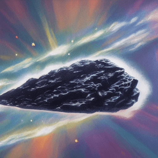 AI generated: alien spacecraft flying through asteroid field::1 detailed painting of outer space::1 small spaceshi...