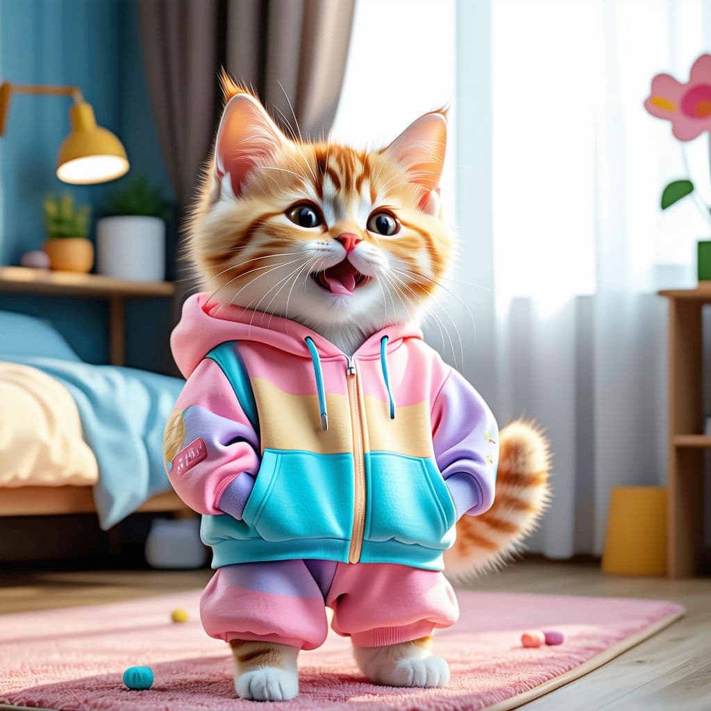 AI generated: a cute anthropomorphic orange tabby kitten, slightly chubby, standing on two legs like a human, smil...