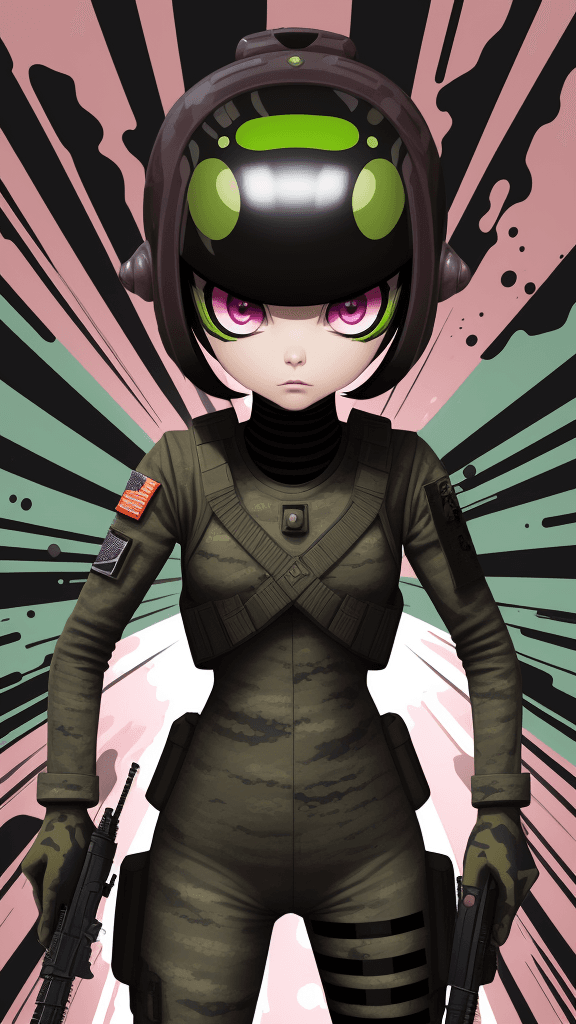 AI generated: in a army funky background portrait of little (alien woman)1.1, wearing (army attire):1. 1, holding ...