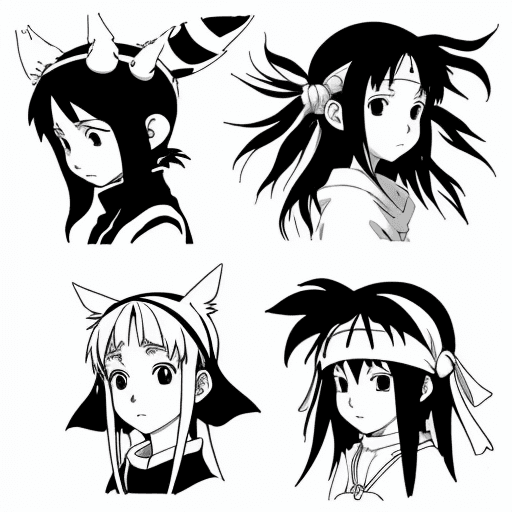 AI generated: many anime motives on white background, {{{{{{black and white style}}}}}}, art by studio ghibli
