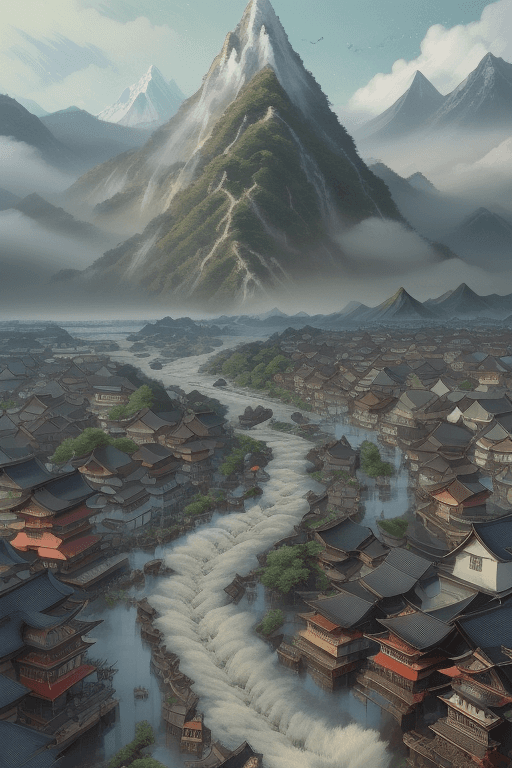 AI generated: Color ink style ,Azuma Kiyohiko,illustration of a Chinese fish, Flooding away the city,Upshot, Full ...