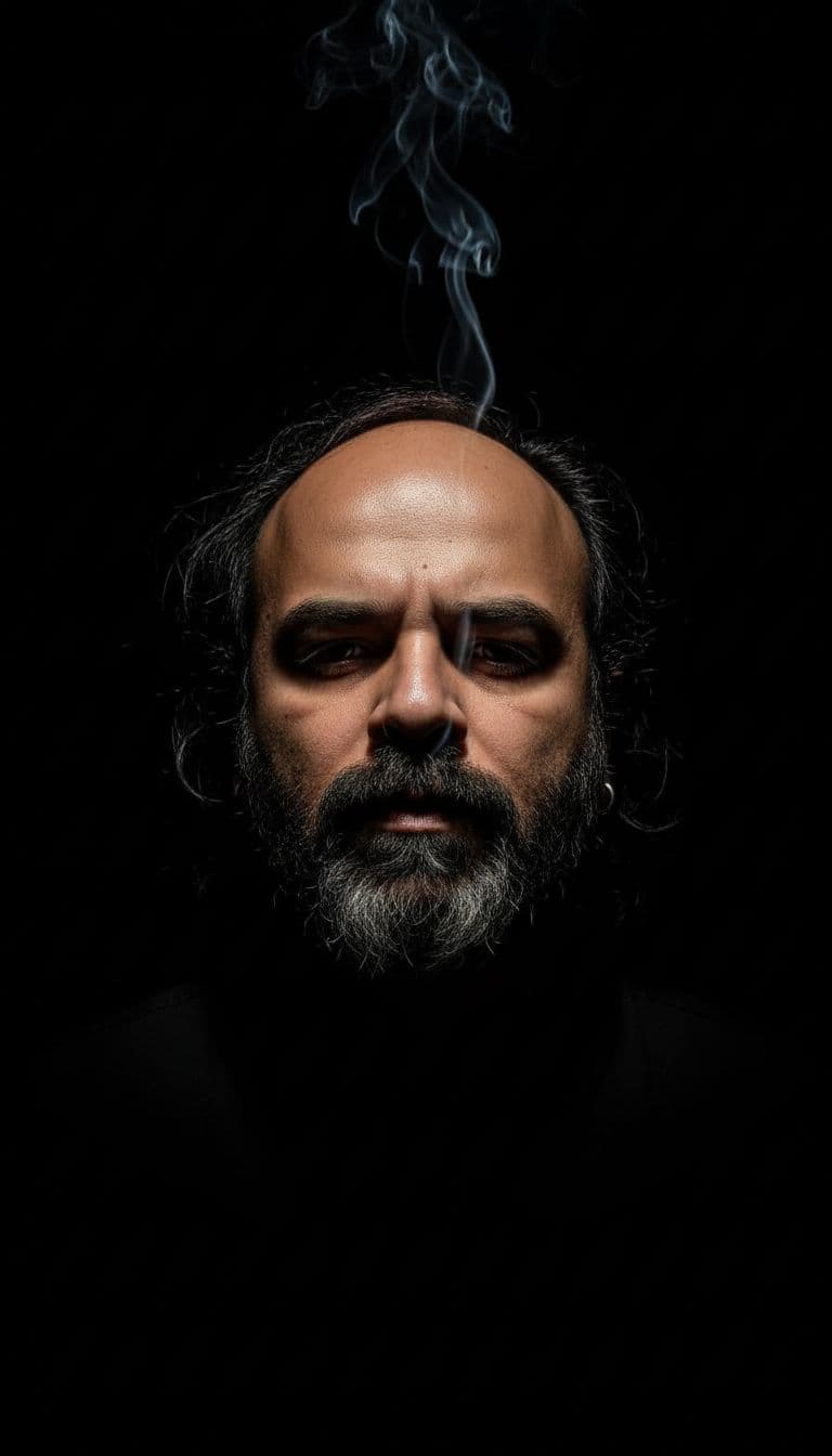 AI generated: A close-up portrait of a man with dark, messy hair and a beard, illuminated by a single, dramatic li...