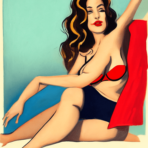 AI generated: An image of a woman with voluminous ass and tits. She is wearing a red bra broken with tits out  and...
